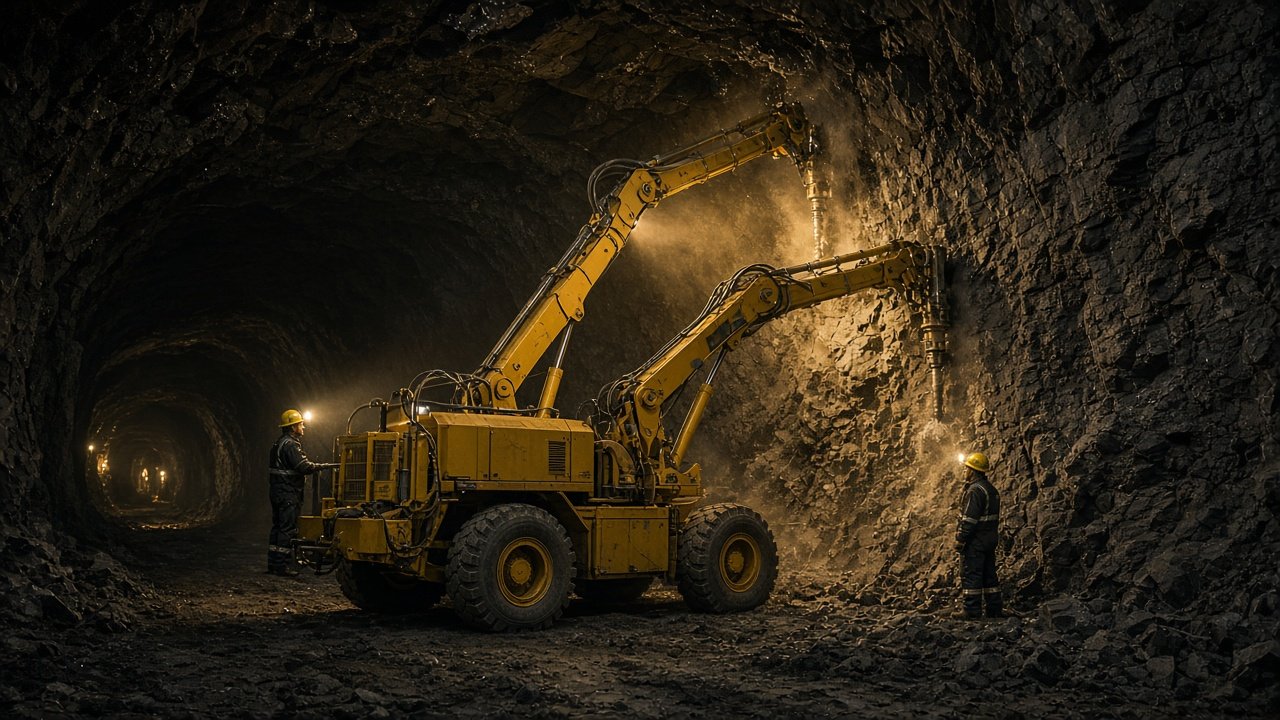 Jumbo drilling rig and crew working in an underground mine